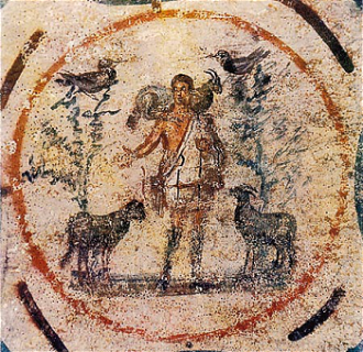 Good Shepherd painting from Catacomb of Priscilla c 250- 300  AD