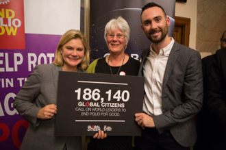 Sr Gillian (centre) in Parliament recently, where she gave a talk and presented a petition to Justine Greening MP. Stephen Brown, European Director of The Global Poverty Project, is on the right. (For an article by him see link at the of this report).