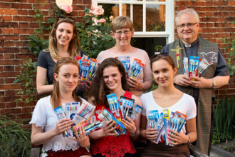 l-r: back row, Philippa Sutton, Anne Jackson, Fr Mark Hackeson, front row, Chloe Isles, Alana Hart, Eloise Burrows