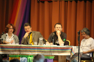 Panel discussion l-r: Cllr Theresa Byrne, Simon Barrow, Fr Martin Newell, and  Pat Gaffney