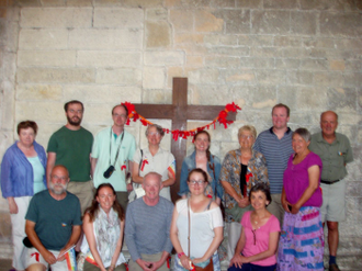 2016 pilgrims by English Cross in Basilica, Vezelay