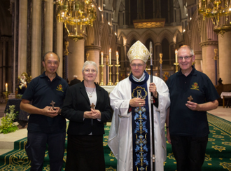 l-r: Julian Wong, Sr Marian Davey with Bishop Alan Hopes and David Offord