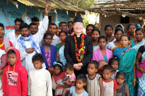 Nepal, Bishop Simick with parishioners before 2014 quake