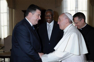 Sir Anthony Bailey, Antiguan Special Economic Envoy to the EU greets Pope Francis during Official Visit of Sir Rodney Williams, Her Majesty's Governor General of Antigua and Barbuda to Vatican City  November 2015.