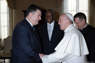 Sir Anthony Bailey, Antiguan Special Economic Envoy to the EU greets Pope Francis during Official Visit of Sir Rodney Williams, Her Majesty's Governor General of Antigua and Barbuda to Vatican City November 2015.
