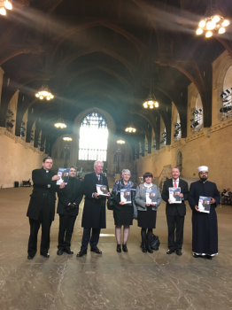 In Westminster Hall, Houses of Parliament, left - right:  Fr Dominic Robinson SJ, Fr Ziad Hilal SJ, Dr Sarah Bernstein,Sister Helen Haigh,  Lord Alton, Shaykh Dr Umar Al-Qadri