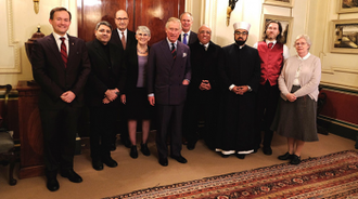 John Pontifex, Fr Ziad Hilal SJ, Baron Johannes Heereman, Dr Sarah Bernstein, HRH The Prince of Wales, Neville Kyrke-Smith, Jacques Kallassi,  Shaykh Dr Mohammad Umar Al-Qadri, Dr John Newton,  Sr Helen Haigh, RJM,  at Clarence House