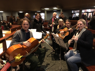Julie McCann, 3rd right with musicians from St Leonard's, Streatham