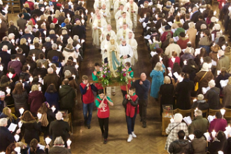Red Caps in procession with statue of Our Lady at Mass in Westminster Cathedral