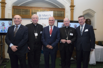 l-r: Stephen Pound MP; Cardinal Vincent Nichols, Archbishop of Westminster and Chancellor of St Mary's University; Sir Michael Wilshaw, Bishop Moth, Chair of Governors; Francis Campbell, Vice Chancellor.