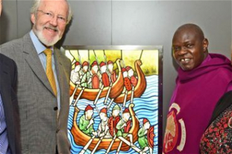 Archbishop Sentamu (rt) and David Jennings with stained-glass window