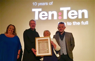 Celebrating ten years of Ten Ten Theatre:  Clare O'Brien with  Fr Christopher Jamison, Anna O'Brien (holding her Papal Blessing) and Martin O'Brien