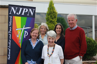 L-R:  Conference chair Susy Brouard, Kathy Galloway, NJPN Chair Anne Peacey, Ruth Valerio, Fr Peter Hughes