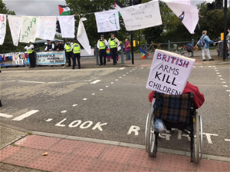 Trucks carrying exhibits for the fair were forced to wait as one gentle, wheelchair-bound protester slowly crossed the road every time she saw them coming.