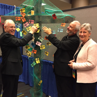 l - r: Bishop Donald Francis Hanchon, Auxiliary Bishop of Detroit,  Fr Doug Bull, Teresa Keogh