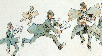 Man with 'fake news' rushing to printing press. 7 March 1894  - Frederick Burr Opper - Wiki image