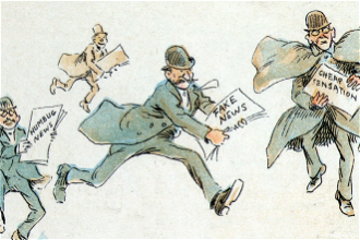 Man with 'fake news' rushing to printing press. 7 March 1894  - Frederick Burr Opper - Wiki image