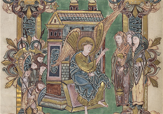 The women and the angel at the tomb, from the Benedictional of St Æthelwold