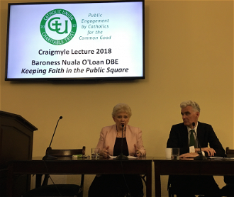 Baroness O'Loan during lecture with David O'Mahony, Catholic Union Chairman