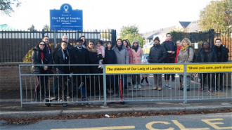 Our Lady of Lourdes school parents, children and staff protest against academisation.