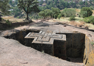 St George's - one of the Lalibela Rock Churches - dating back to the arrival of Christianity around 350AD. Wiki image Bernard Gagnon.