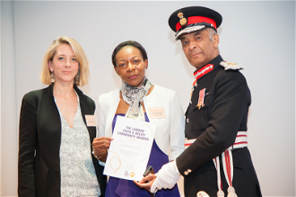 l-r: Ann Stirling (JRS UK), Liliane Djoukouo (Day Centre Officer, JRS UK), Sir Kenneth Olisa OBE (The Lord-Lieutenant of Greater London)