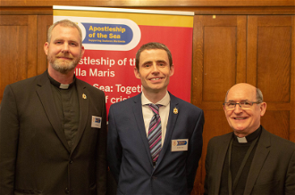 left to right:  Fr John Lavers,  AoS Southampton Port Chaplain, Martin Foley,  AoS National Director) Canon Pat Browne, Catholic Chaplain to Parliament)