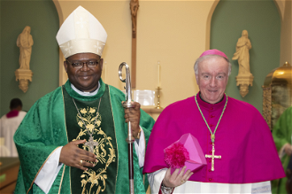 Bishop Michael Bibi with Bishop Philip Egan at St John's Cathedral  photo: Ana Dobeson