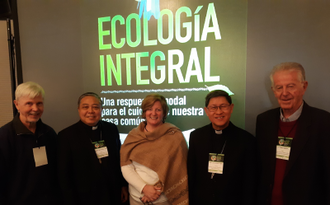 Archbishop Auza and Cardinal Tagle with Scott Wright, Amy Echeverria and Fr Peter Hughes of Columban JPIC