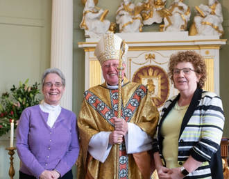 Sr Jane Livesey CJ and Sr Noelle Corscadden IBVM with Bishop Drainey