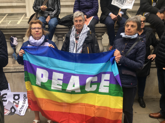 Catholic campaigners l-r: Angela Warren, Ann Farr, Pat Gaffney, Pax Christi, in Whitehall