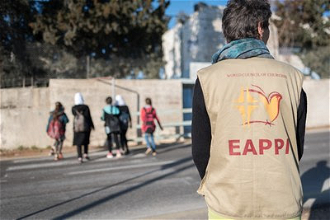 EAs from WCC EAPPI program offer a peaceful protective presence for Palestinian children as they go to school at Al-Maniya near Bethlehem.  Photo: Albin Hillert/WCC