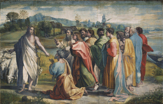 Christ's Charge to Peter  Cartoon for a Tapestry, Raphael 1515,  On loan from collection of Her Majesty the Queen at the V&A Museum, London