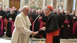 Pope is greeted by Secretary of State, Cardinal Pietro Parolin