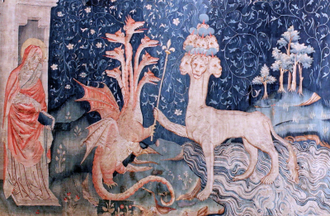 Satan and the Beast of the Sea, part of Apocalypse series of tapestries, by Jean Bondol and Nicholas Bataille woven between 1377-1382, © Château d'Angers, Angers, France