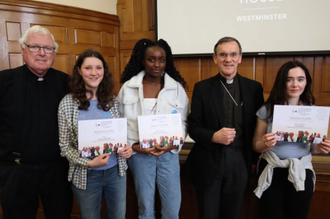 l-r: Fr Peter Hughes,  Anna Joy Marshall,  Mary-Cindy Okafor,  BIshop John Arnold and Erin Rodger