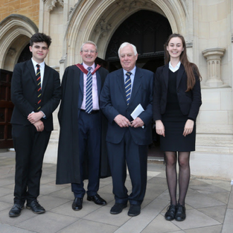 Head Boy Evan Hobson, Headmaster Andrew Johnson,  Lord Patten,  Head Girl Valentina Elner-Kupcha