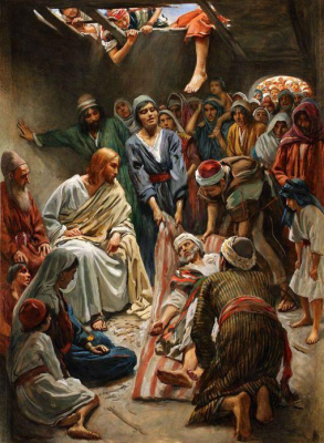 Illustration: Jesus heals the Paralytic, by Harold Copping (1863-1932), Printed biblical illustration, Published in 1910