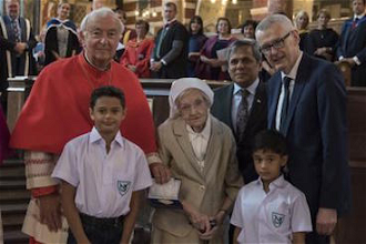 Cardinal Vincent, with Sr Berchmans, High Commissioner Mohammad Nafees Zakaria and Ambassador Adrian O'Neill