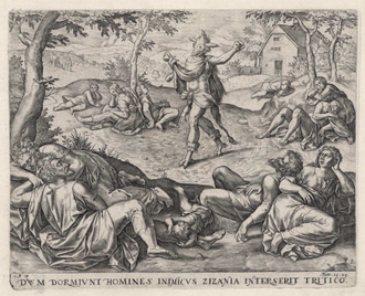 The Parable of the Wheat and Tares, Engraved by Pieter Jalhea Furnius 1585, after Gerard van Groeningen,  from Thesaurus Sacrarum Veteris et Novi Testamenti Series