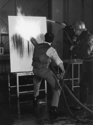 Fire Painting F71, by Yves Klein, Artist at work 1961,  Gaz de France testing centre, Plaine-Saint-Denis, France, © Photo Louis Frédéric