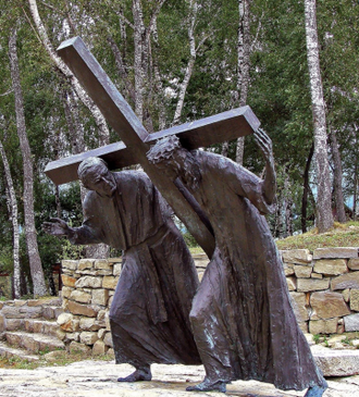 Fifth Station of the Cross, Via Crucis, Pasierbiec, Poland. John Paul II is modelled as Simon of Cyrene