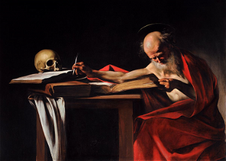 St Jerome writing, by Caravaggio 1605, © Galleria Borghese, Rome