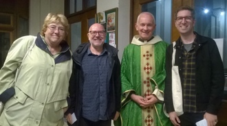 L-R: Ellen Teague,  Geoff Thompson, National J&P, Fr David Stewart SJ,  Dan Hale, CAFOD, Geoff Thompson, National J&P