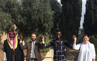 l-r: Sheik Hasan Abu Galiun of Rahat, Rabbi Yonatan Neril of The Interfaith Center for Sustainable Development,  Nelson Ekeh, a seminarian at Salesian Pontifical University Jerusalem campus, Asi Barhum Brahma Kumaris.