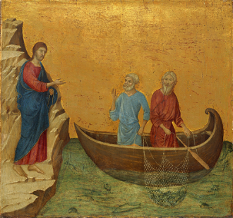 Calling of the Apostles Peter and Andrew, by Duccio di Buoninsegna 1308, © National Gallery of Art, Washington DC