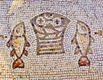Floor mosaics, 5th C, Church of the Multiplication of the Loaves & Fishes, Tabgha, Galilee, Israel
