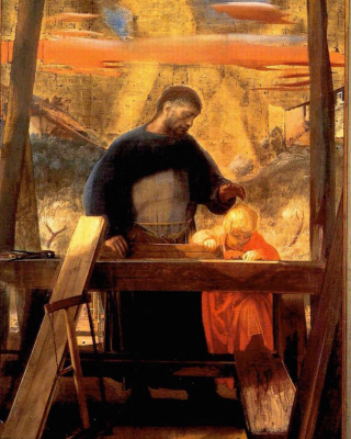 St Joseph and the Christ Child in the Carpentry Workshop, Pietro Annigoni 1963, at Church of San Lorenzo, Firenze © Christian Art Today