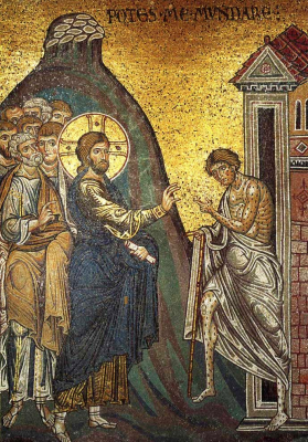 Jesus cleans the leper, Mosaic detail, 12thC, © Cathedral of the Assumption, Monreale, Sicily