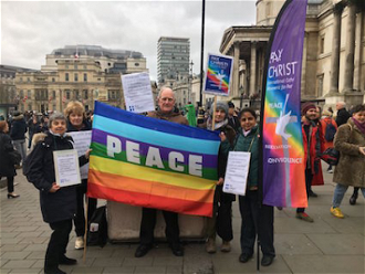 Pat Gaffney, (left) and Fr Joe Ryan (centre) with campaigners in Trafalgar Square